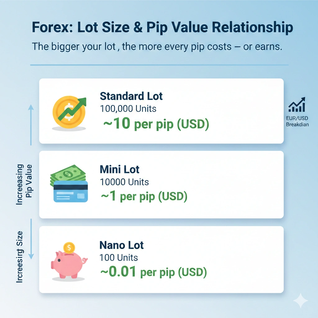 Lot Size & Pip Value: Understanding the Relationship One of the most important things a Forex Pip Calculator shows you is how your lot size and pip value are directly connected. The bigger your lot, the more every pip costs — or earns. Here's a simple breakdown for EUR/USD: Lot Type Units Pip Value (USD) Standard lot 100,000 ~$10 per pip Mini lot 10,000 ~$1 per pip Micro lot 1,000 ~$0.10 per pip Nano lot 100 ~$0.01 per pip
