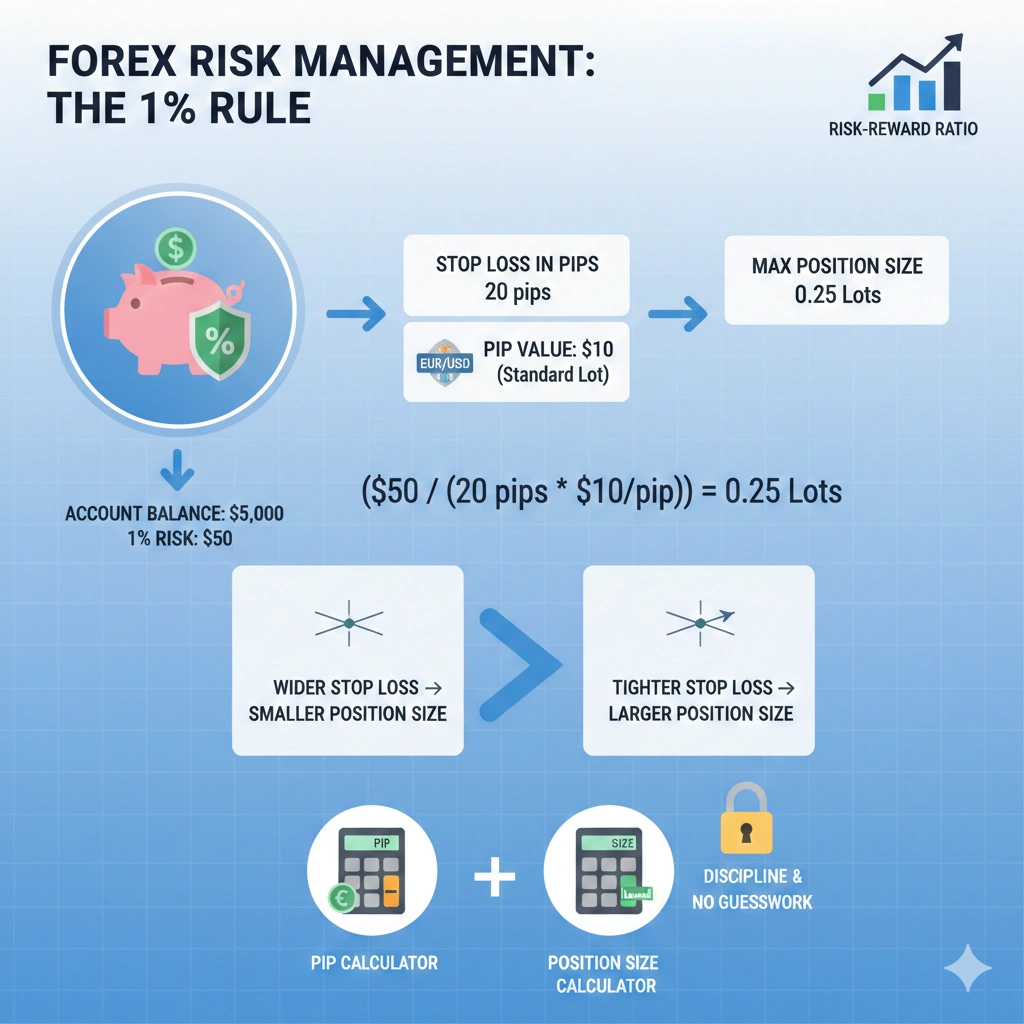 Pip value and position sizing using 1% risk rule in forex