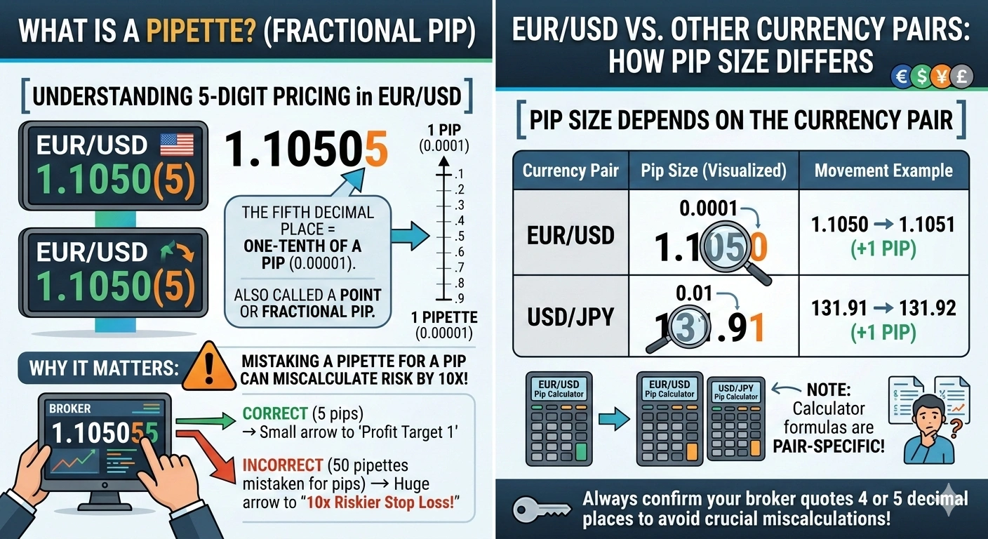 EUR/USD pip calculator showing pip value for standard, mini and micro lot sizes in USD