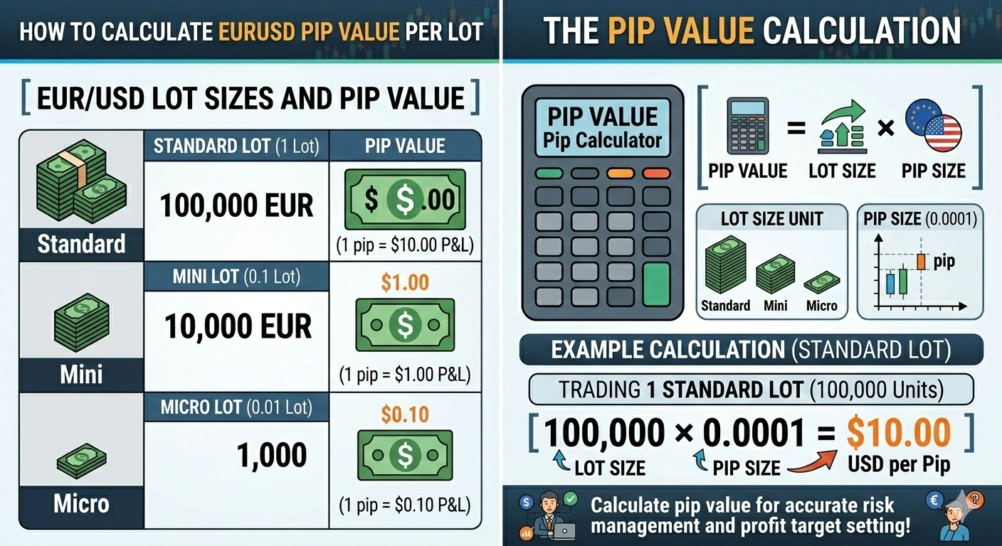 EUR/USD pip calculator showing pip value for standard, mini and micro lot sizes in USD