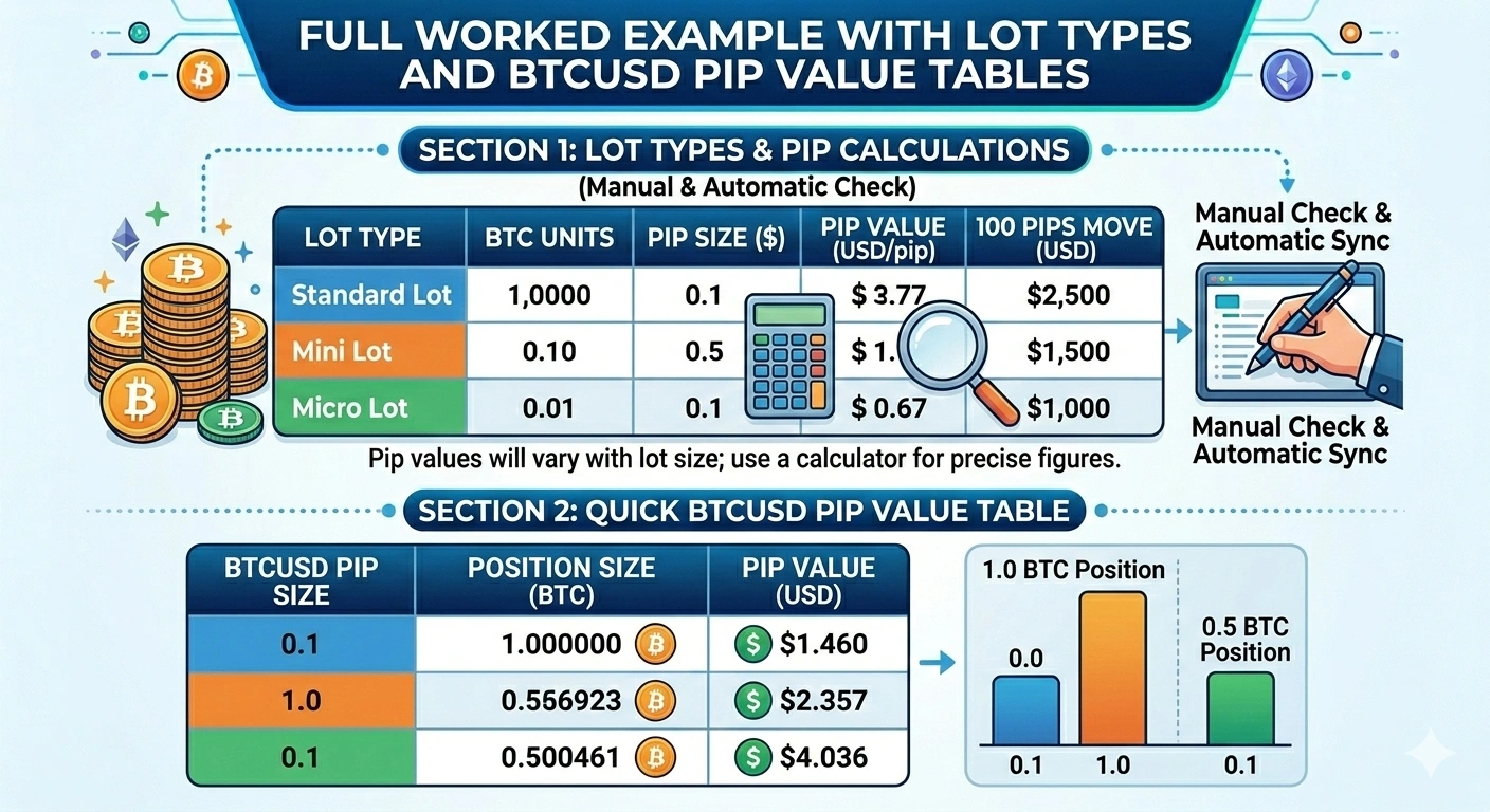BTCUSD pip calculator showing Bitcoin pip value per lot size on MetaTrader 5 platform