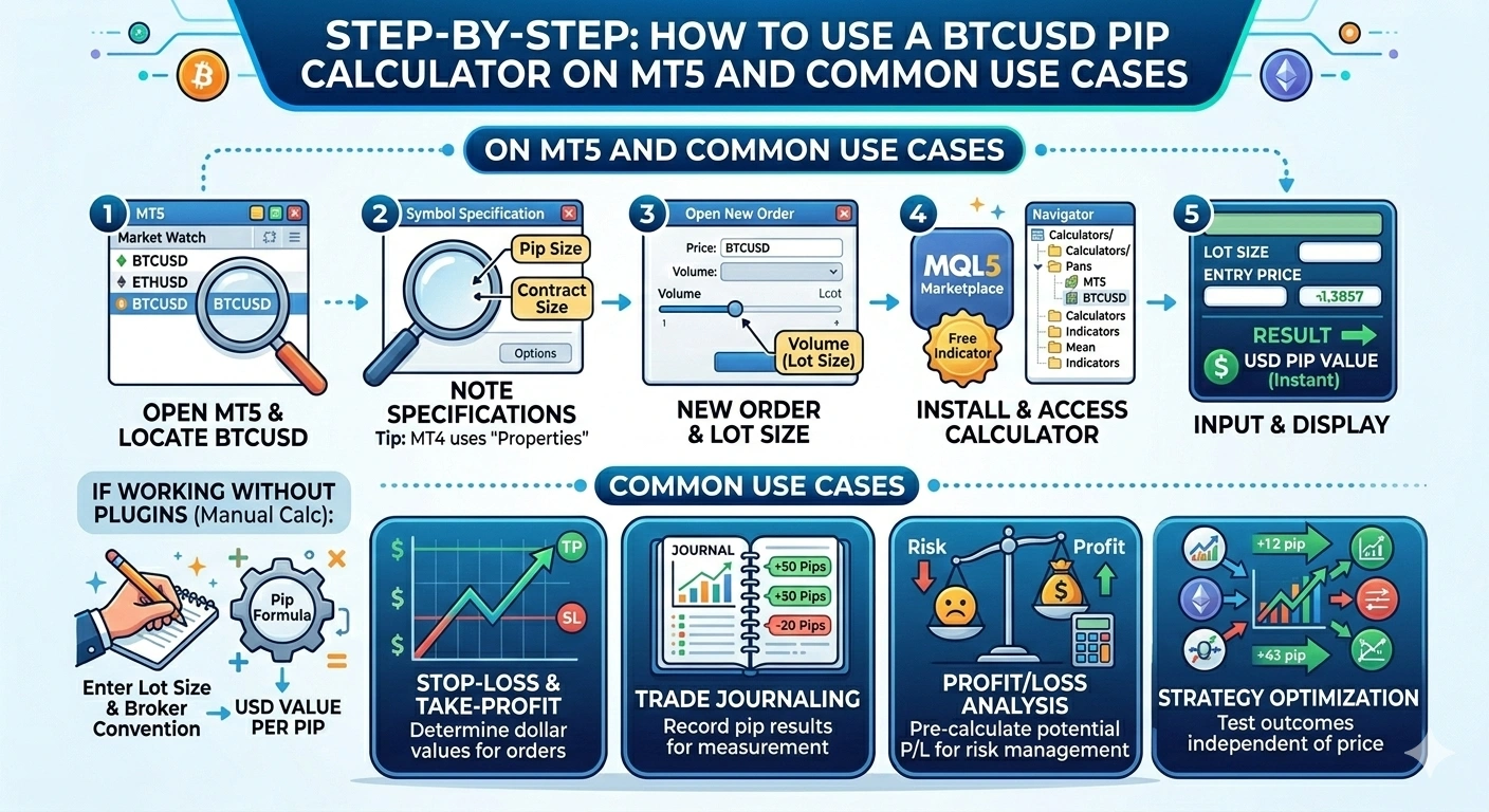 BTCUSD pip calculator showing Bitcoin pip value per lot size on MetaTrader 5 platform