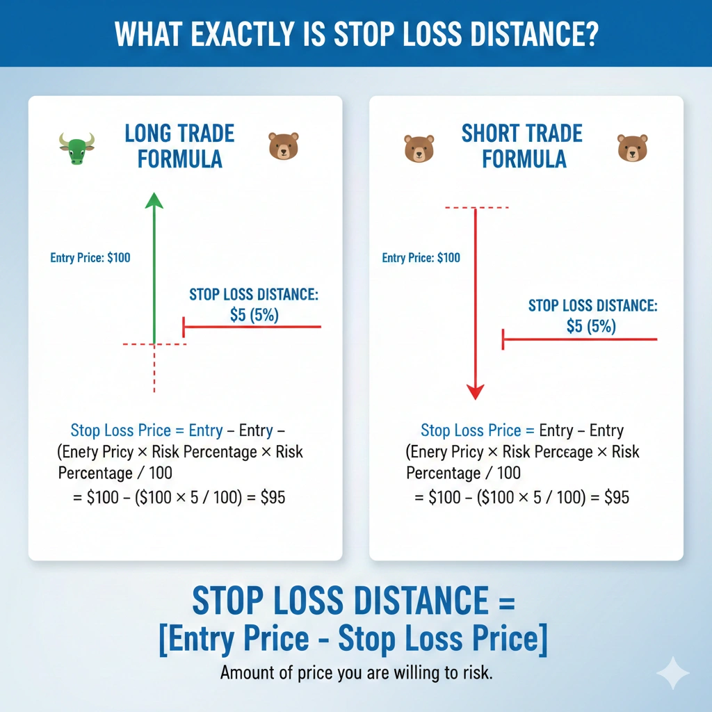 Stop loss distance calculator showing entry price, stop loss price, and risk percentage formula for long and short trades