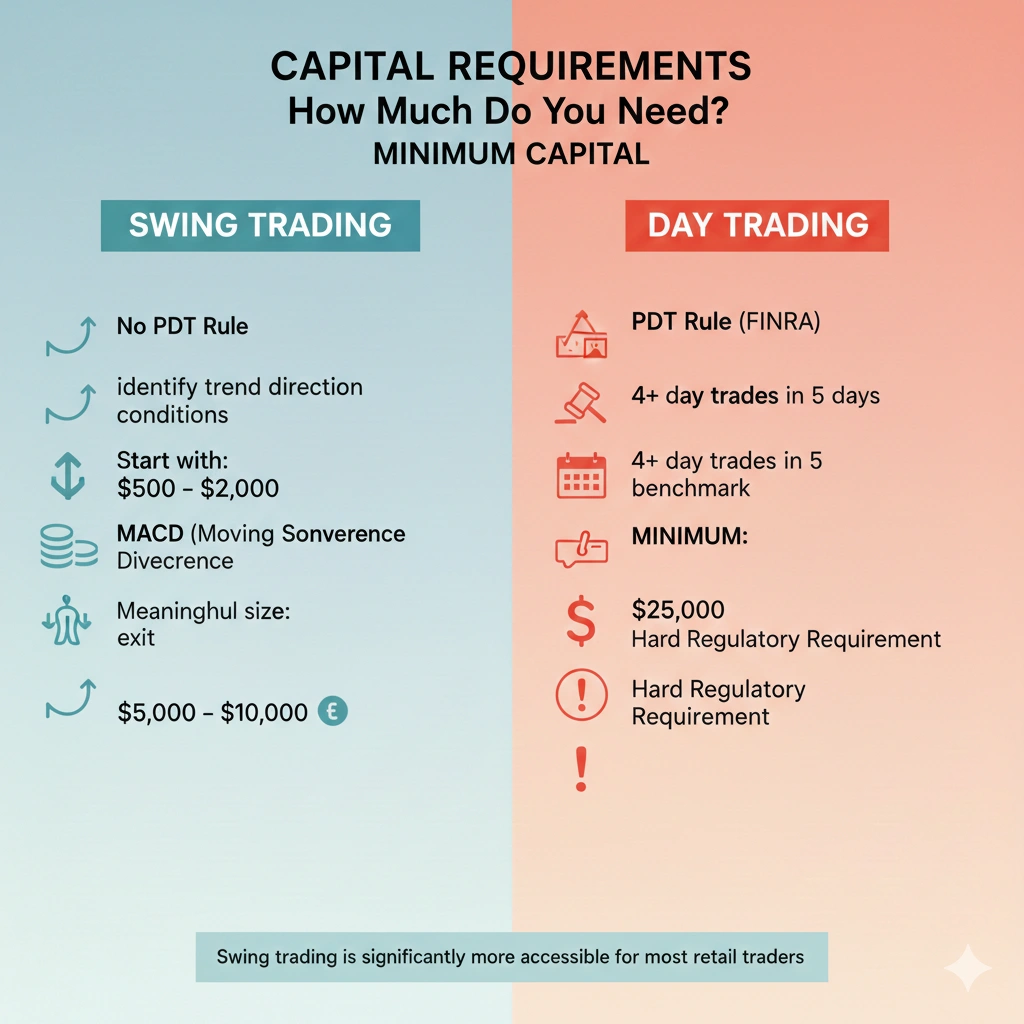 Swing vs day trading comparison chart showing key differences in strategy, risk, and time commitment
