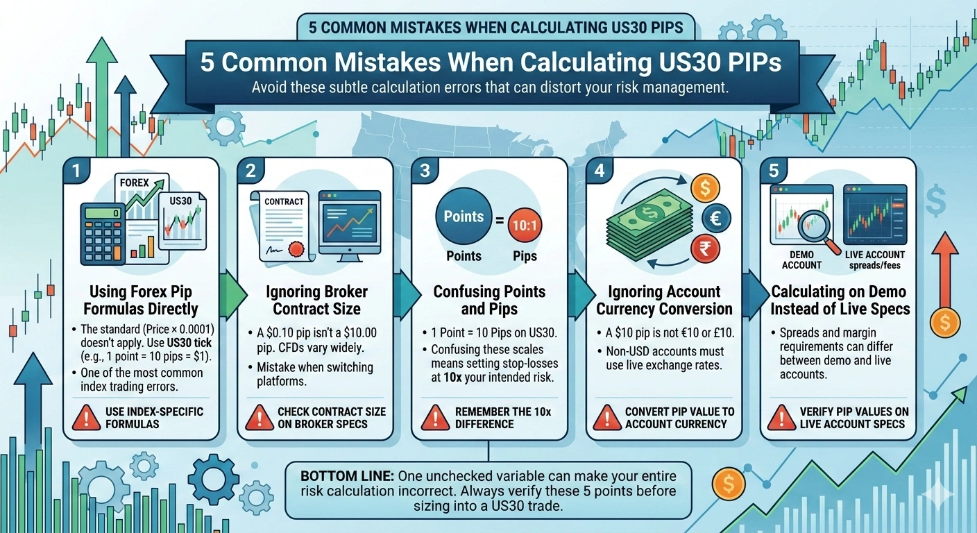 US30 pip calculator showing Dow Jones pip value calculation by lot size on MT4 platform