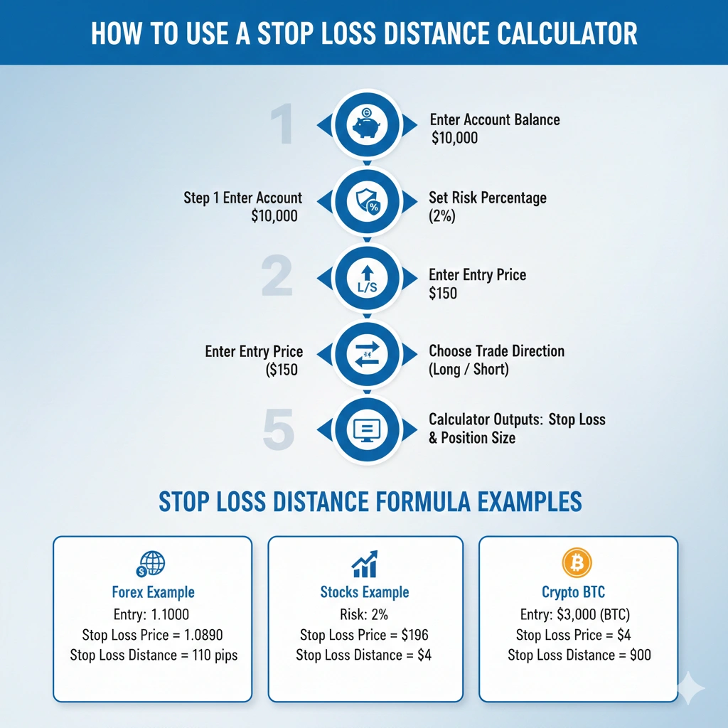 Stop loss distance calculator showing entry price, stop loss price, and risk percentage formula for long and short trades