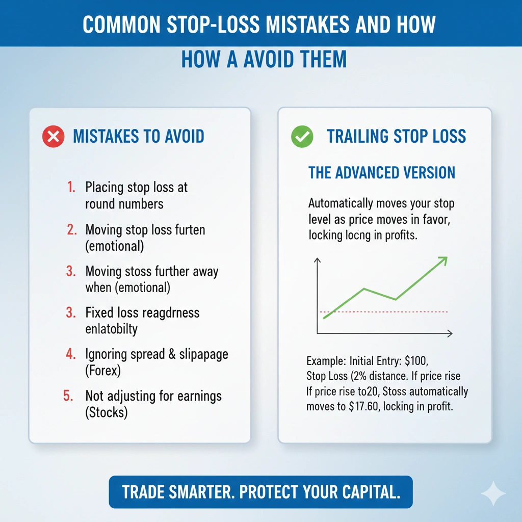 Stop loss distance calculator showing entry price, stop loss price, and risk percentage formula for long and short trades