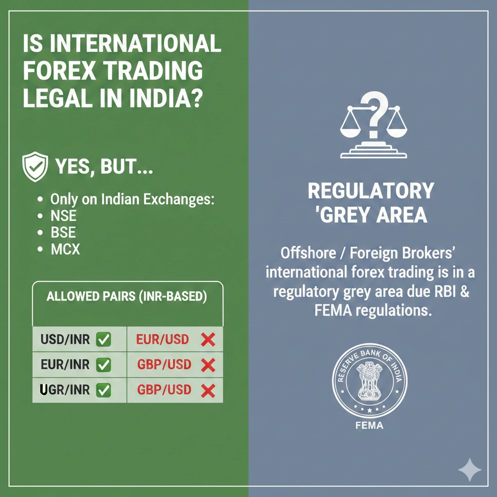 Indian trader analyzing international forex currency pairs EUR/USD and US30 on trading platform with RBI and FEMA regulation concept