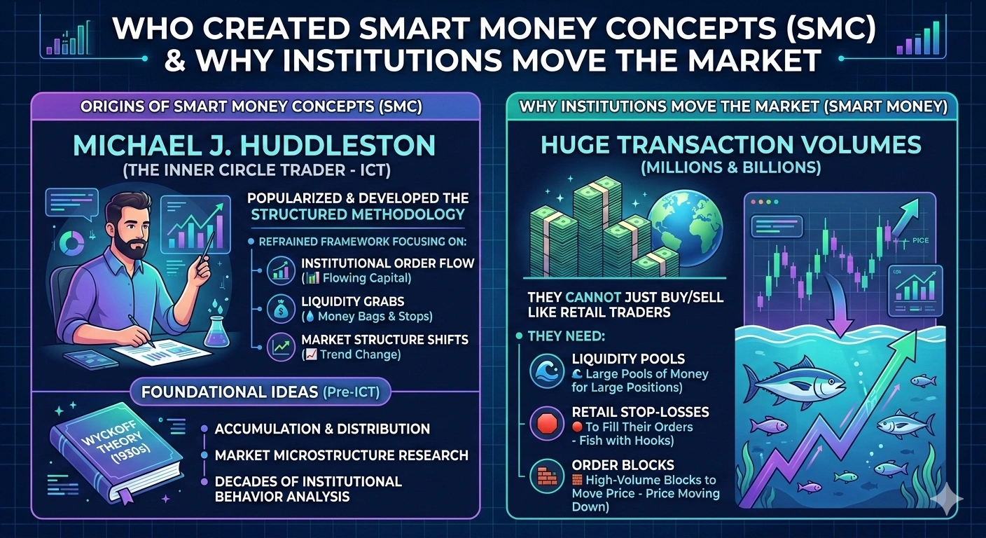 Smart Money Concepts chart showing order block, liquidity sweep, and break of structure on a forex trading setup