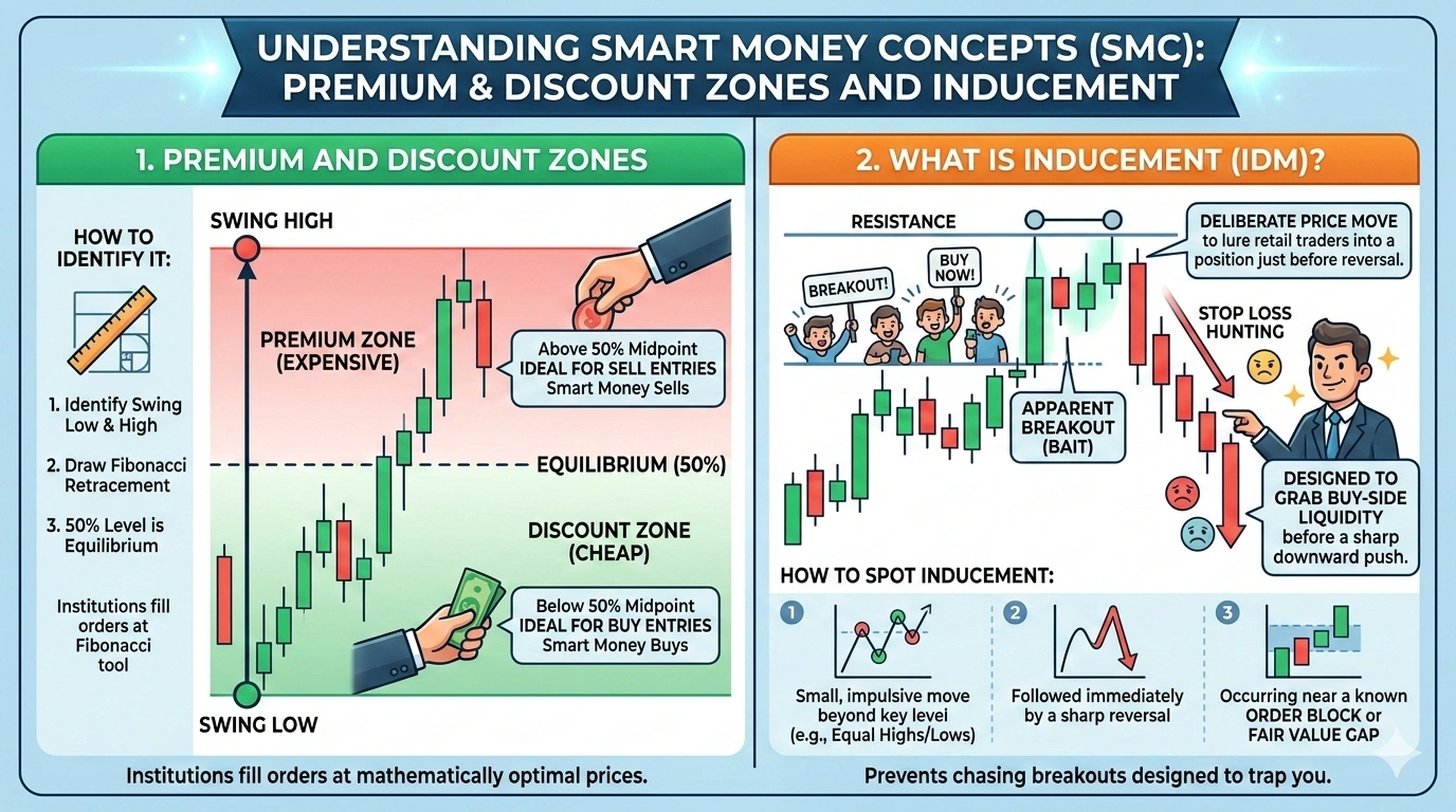 Smart Money Concepts chart showing order block, liquidity sweep, and break of structure on a forex trading setup