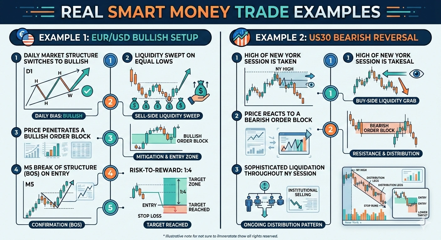 Smart Money Concepts chart showing order block, liquidity sweep, and break of structure on a forex trading setup