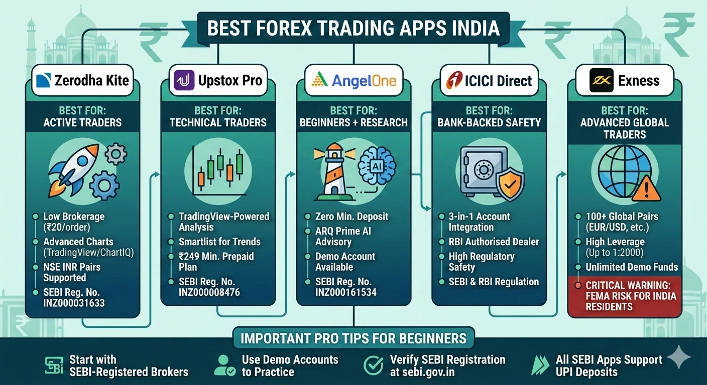 Best Forex Apps India - SEBI Registered brokers comparison table showing Zerodha Kite, Upstox Pro, Angel One and ICICI Direct with INR currency pairs and UPI deposit support