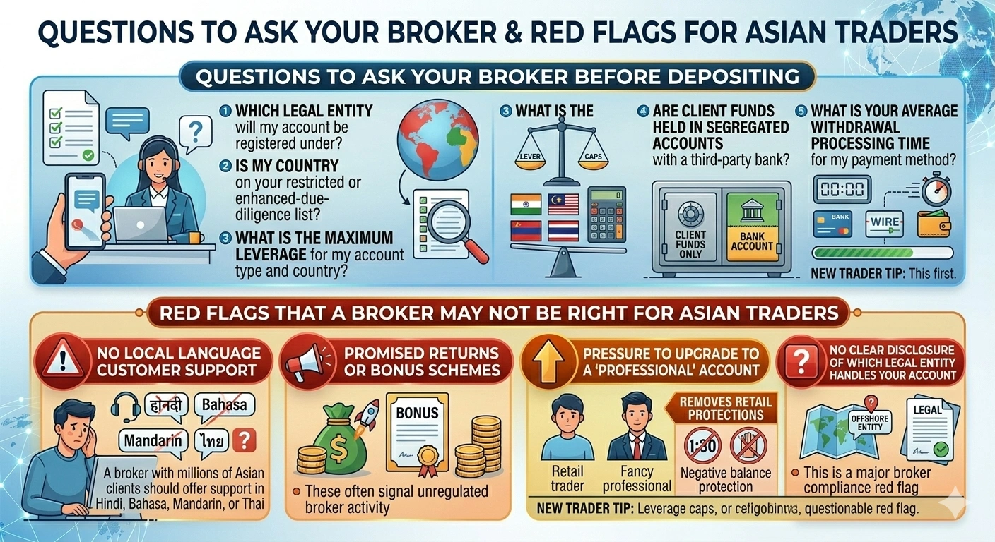 Broker restrictions for Asian traders showing leverage caps and regulatory rules by country