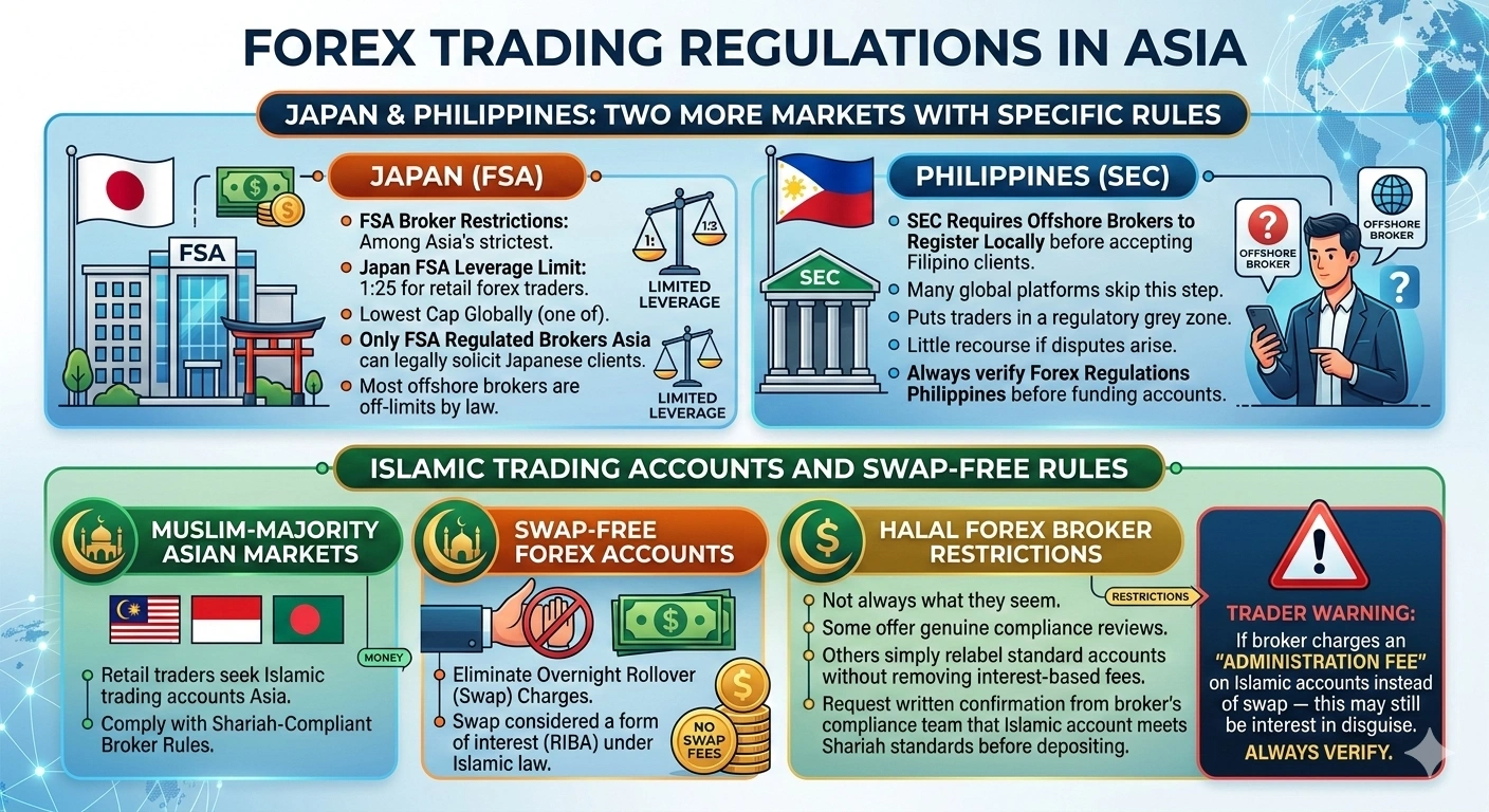 Broker restrictions for Asian traders showing leverage caps and regulatory rules by country