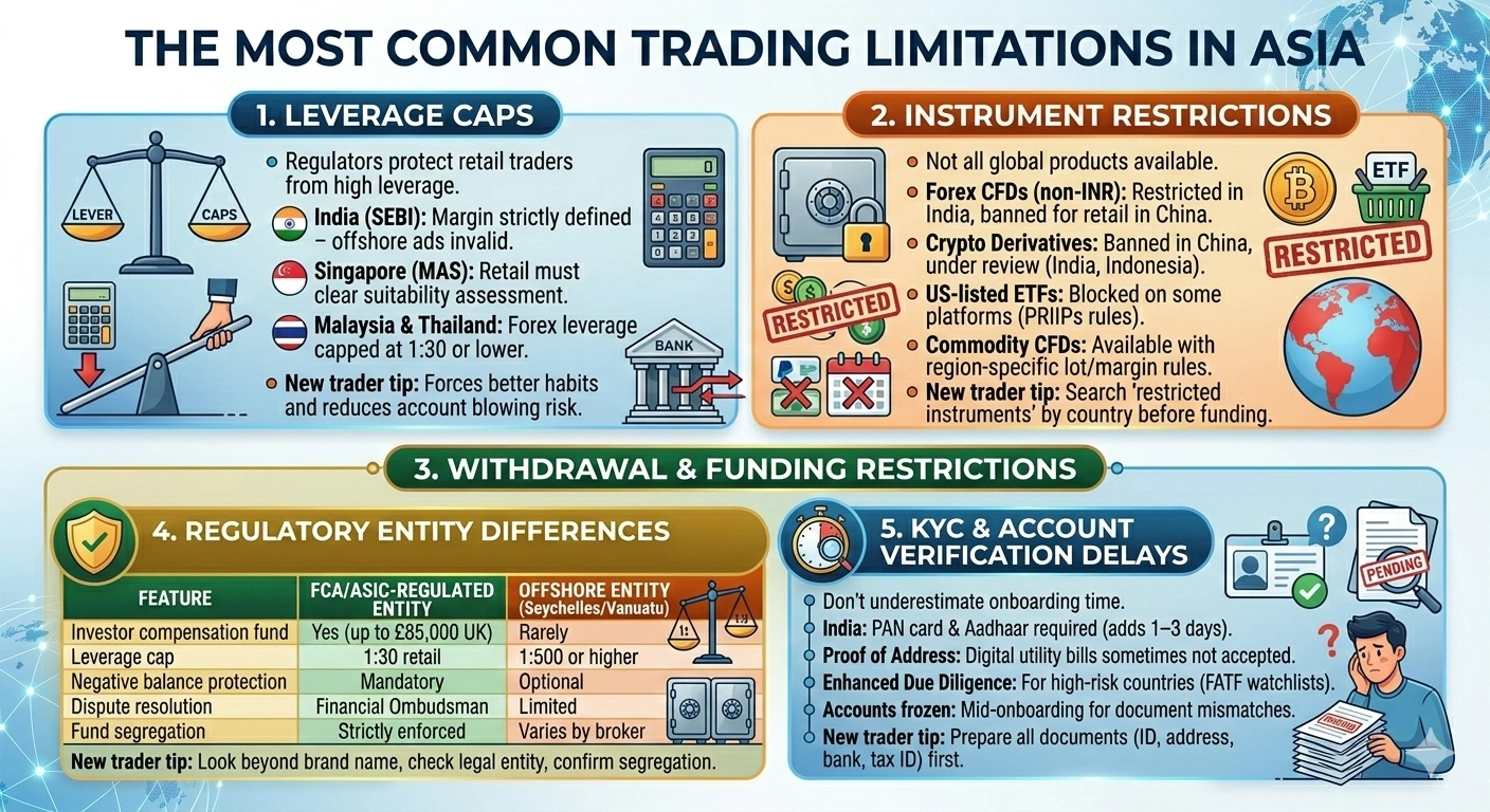 Broker restrictions for Asian traders showing leverage caps and regulatory rules by country
