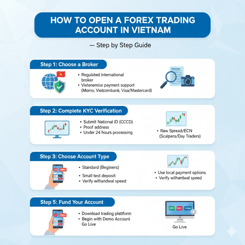 Forex broker selection in Vietnam — comparison of regulated brokers by spread, minimum deposit, and VND payment support for Vietnamese traders