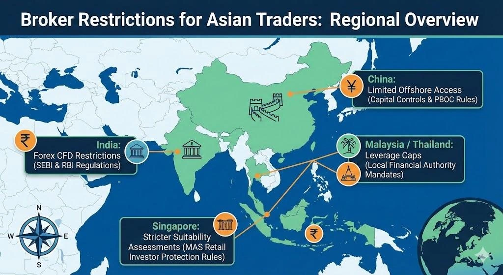 Broker restrictions for Asian traders showing leverage caps and regulatory rules by country