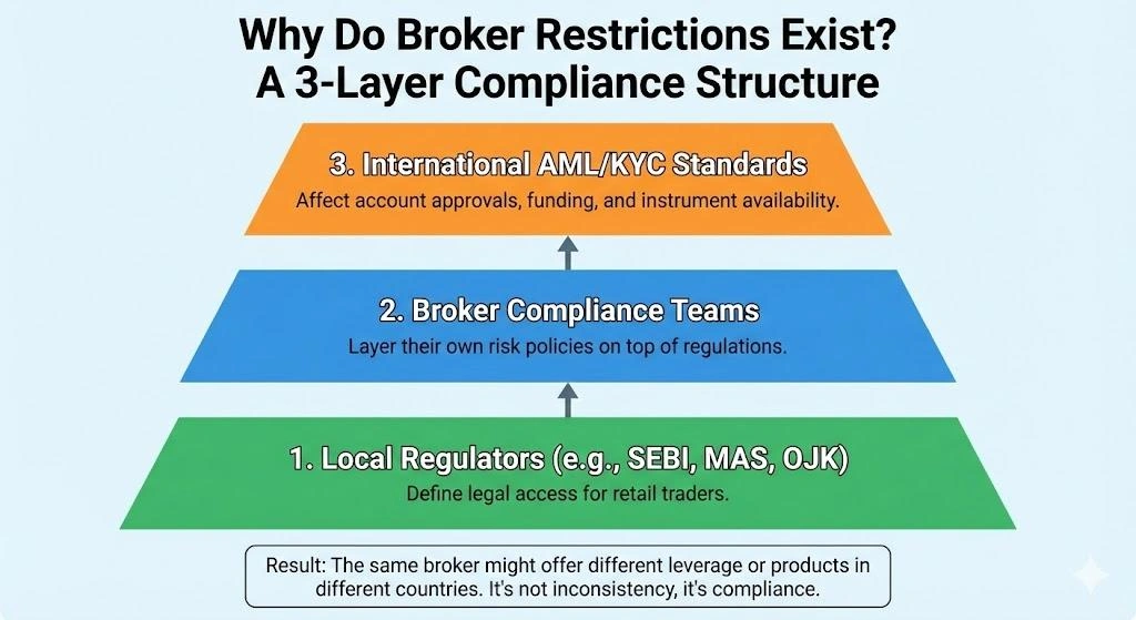 Broker restrictions for Asian traders showing leverage caps and regulatory rules by country