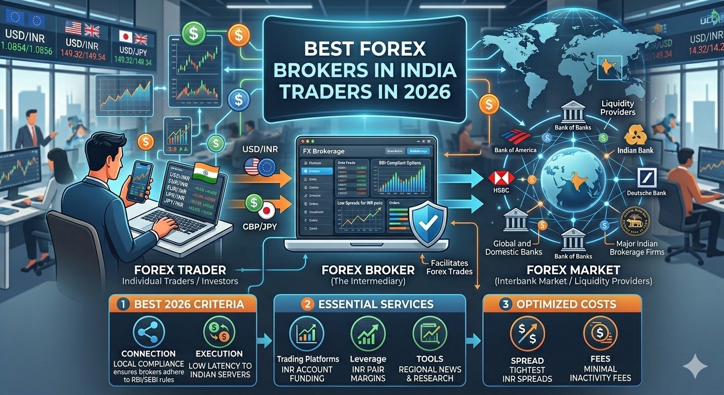 Best forex brokers in India 2026 comparison showing trading platforms, market flow, and broker selection criteria