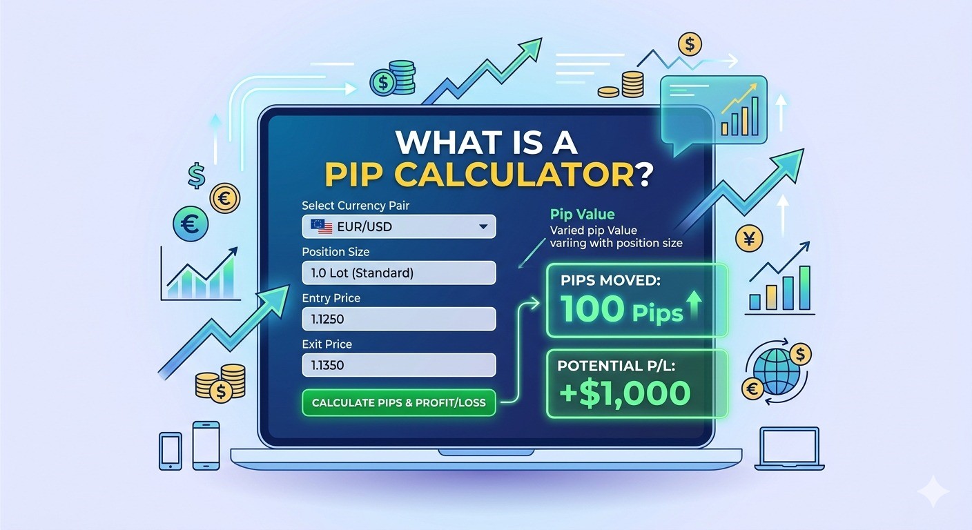 Pip calculator illustration showing EUR/USD trade with position size, entry and exit price, calculating 100 pips movement and $1000 profit in forex trading