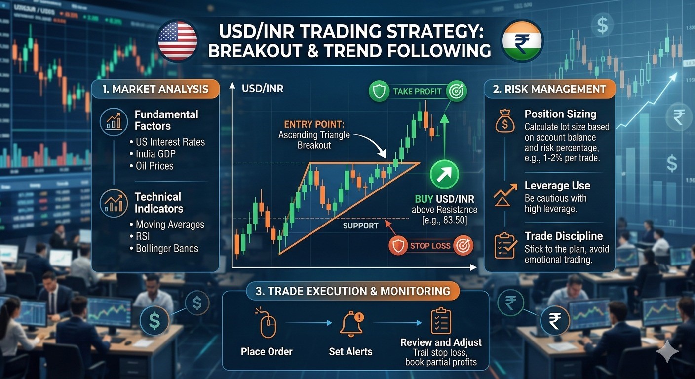 USD/INR trading strategy India showing breakout pattern, entry points, stop loss, and risk management setup 