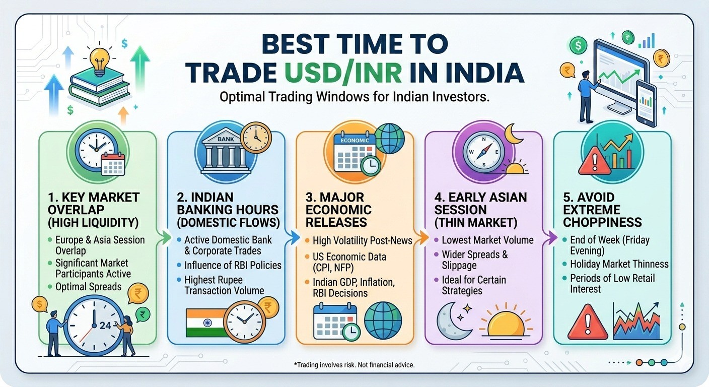 USD/INR trading strategy India showing best time to trade with market overlap, banking hours, and economic events