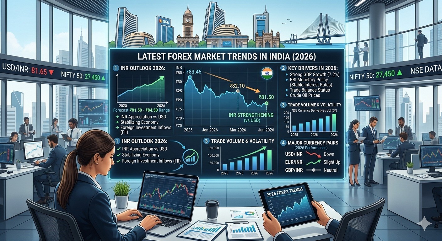 Best forex brokers in India infographic showing 2026 forex market trends, INR outlook, and currency volatility analysis