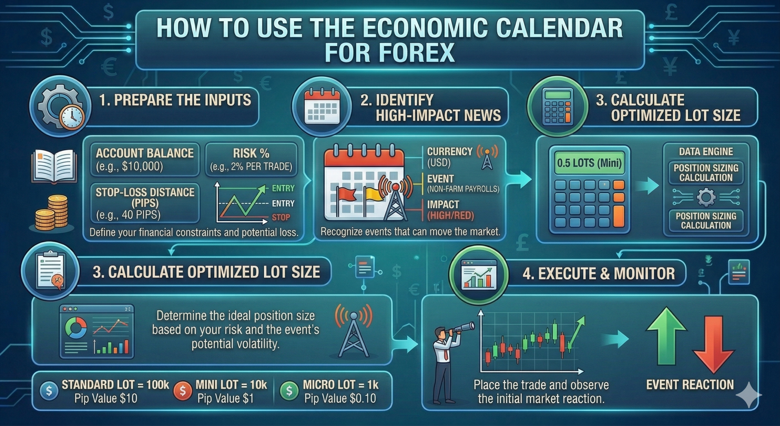 A comprehensive educational infographic titled "How to Use the Economic Calendar for Forex." It is a four-step sequential flowchart with clean boundaries, illustrating how to prepare inputs (balance, risk %, stop-loss pips), identify high-impact news like Non-Farm Payrolls, calculate an optimized lot size (0.5 LOTS mini example), and then execute the trade with defined targets and monitor the market reaction (Event Reaction). The style uses glowing teal, blue, and green accents.
