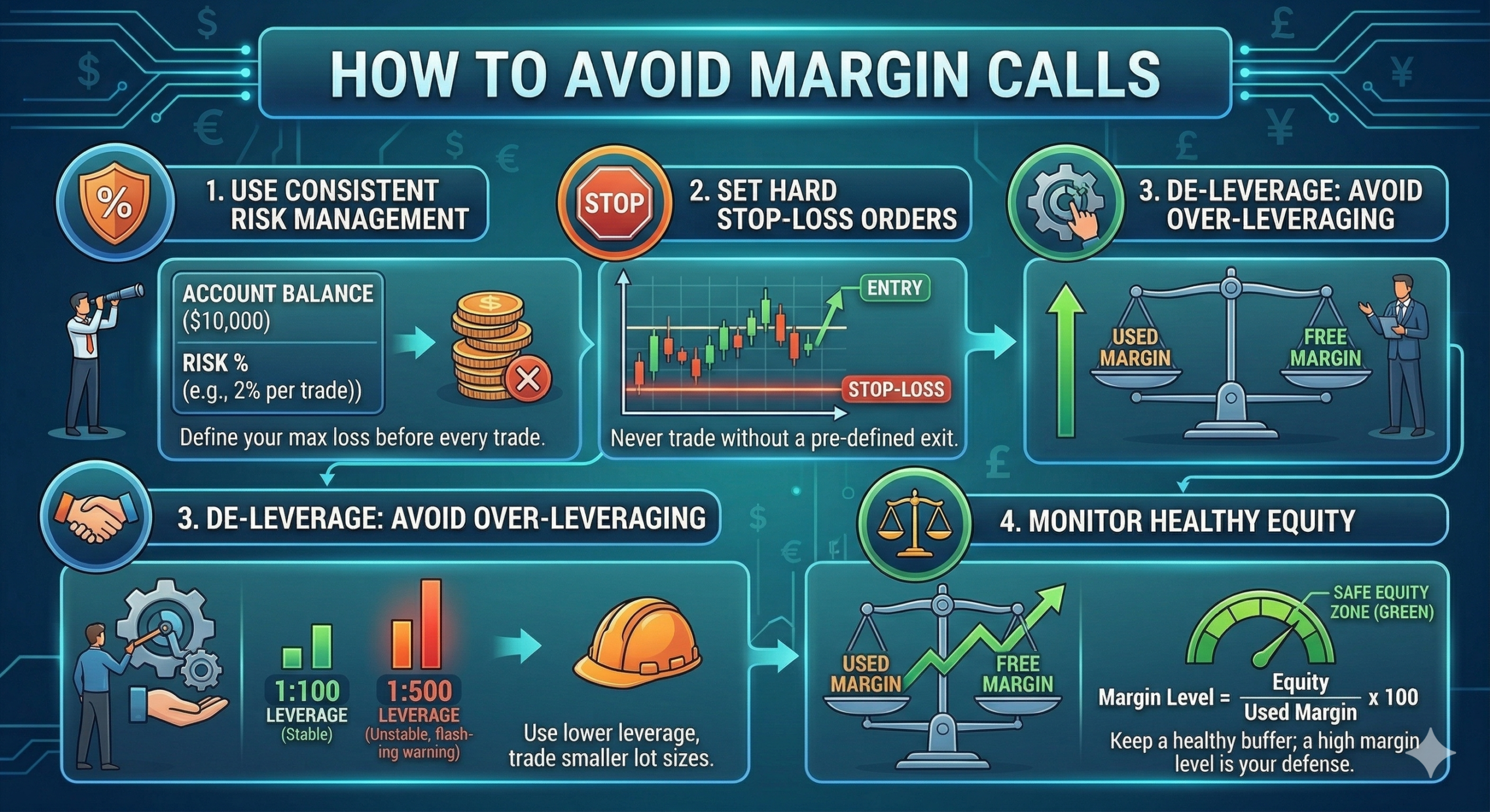 A comprehensive educational infographic titled "How to Avoid Margin Calls". It is a four-step flowchart explaining consistent risk management (2% max loss example), setting hard stop-loss orders on a chart, de-leveraging to 1:100 instead of 1:500 (with warning flags), and monitoring healthy equity via a "Safe Equity Zone" meter and formulas (Margin Level >100%). Small icons and illustrative traders guide the viewer through the defensive strategies.
