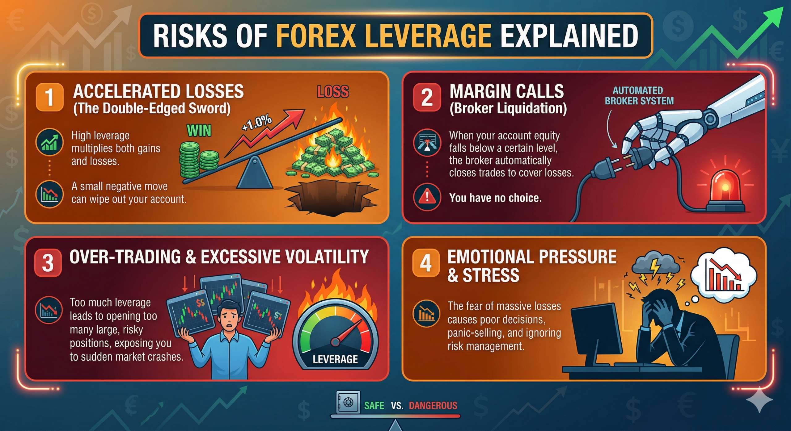 An infographic illustrating four distinct risks of Forex leverage, including a double-edged sword showing amplified losses and fire, a mechanical hand triggering a margin call, a panicked trader juggling unstable charts, and a stressed trader overwhelmed by emotional pressure.