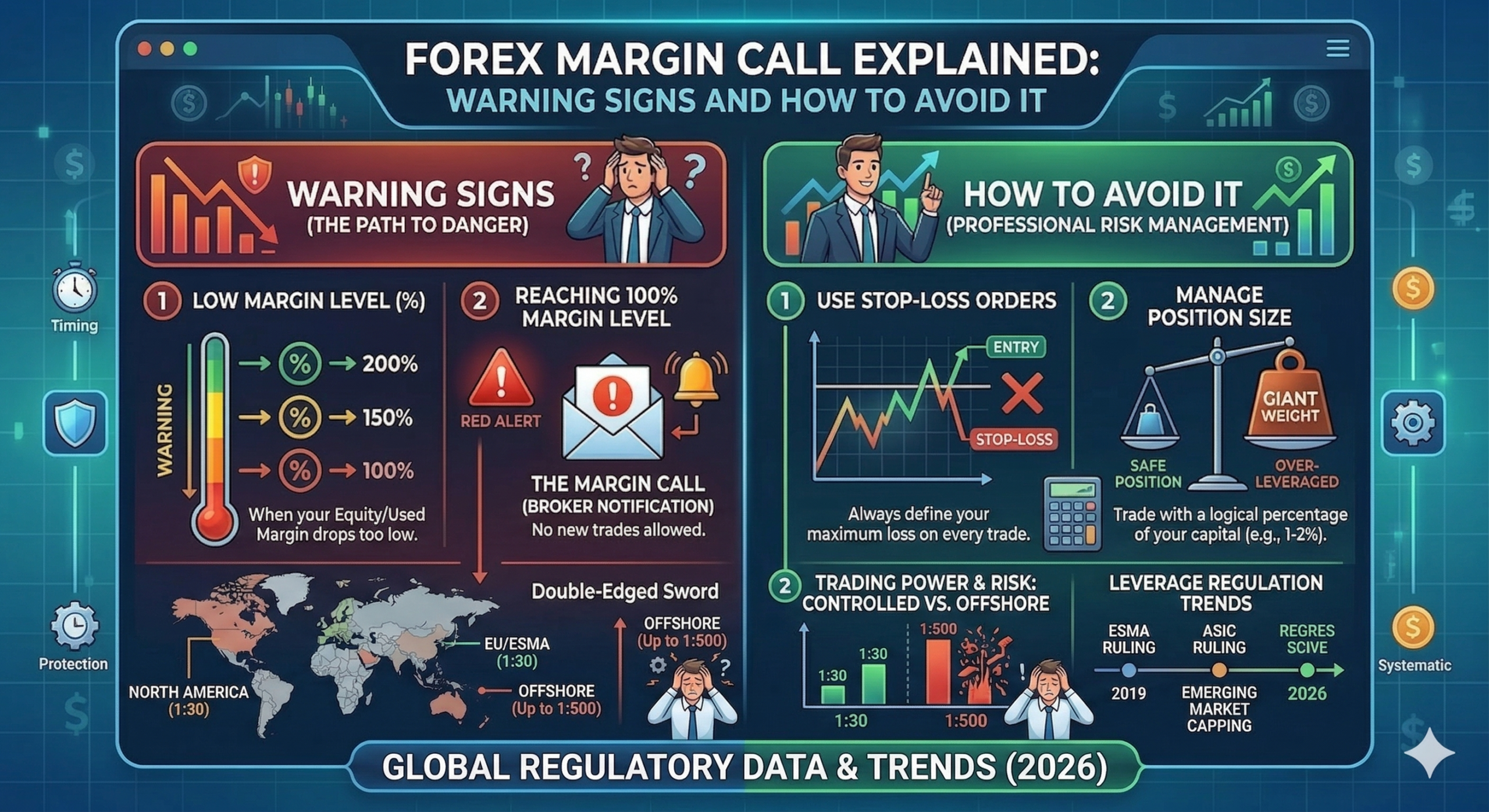 A comprehensive 2-panel infographic titled "Forex Margin Call Explained." The left side shows red-themed warning signs like falling margin levels, a red alert notification at 100%, and a stop-out warning. The right side shows green-themed prevention strategies, including stop-loss orders on a chart, balanced position sizing scales, and a healthy equity shield.