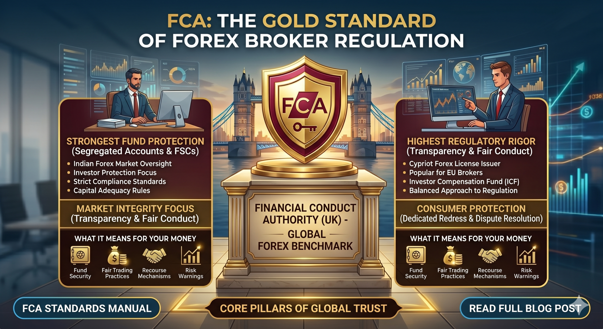 A professional infographic titled "FCA: The Gold Standard of Forex Broker Regulation." The center features the FCA logo on a gold shield atop a stone pedestal against a London skyline. Flanking the pedestal are two detailed panels outlining "Strongest Fund Protection" (segregated accounts) and "Highest Regulatory Rigor" (transparency and fair conduct). Bottom icons represent fund security, fair trading, recourse mechanisms, and risk warnings.