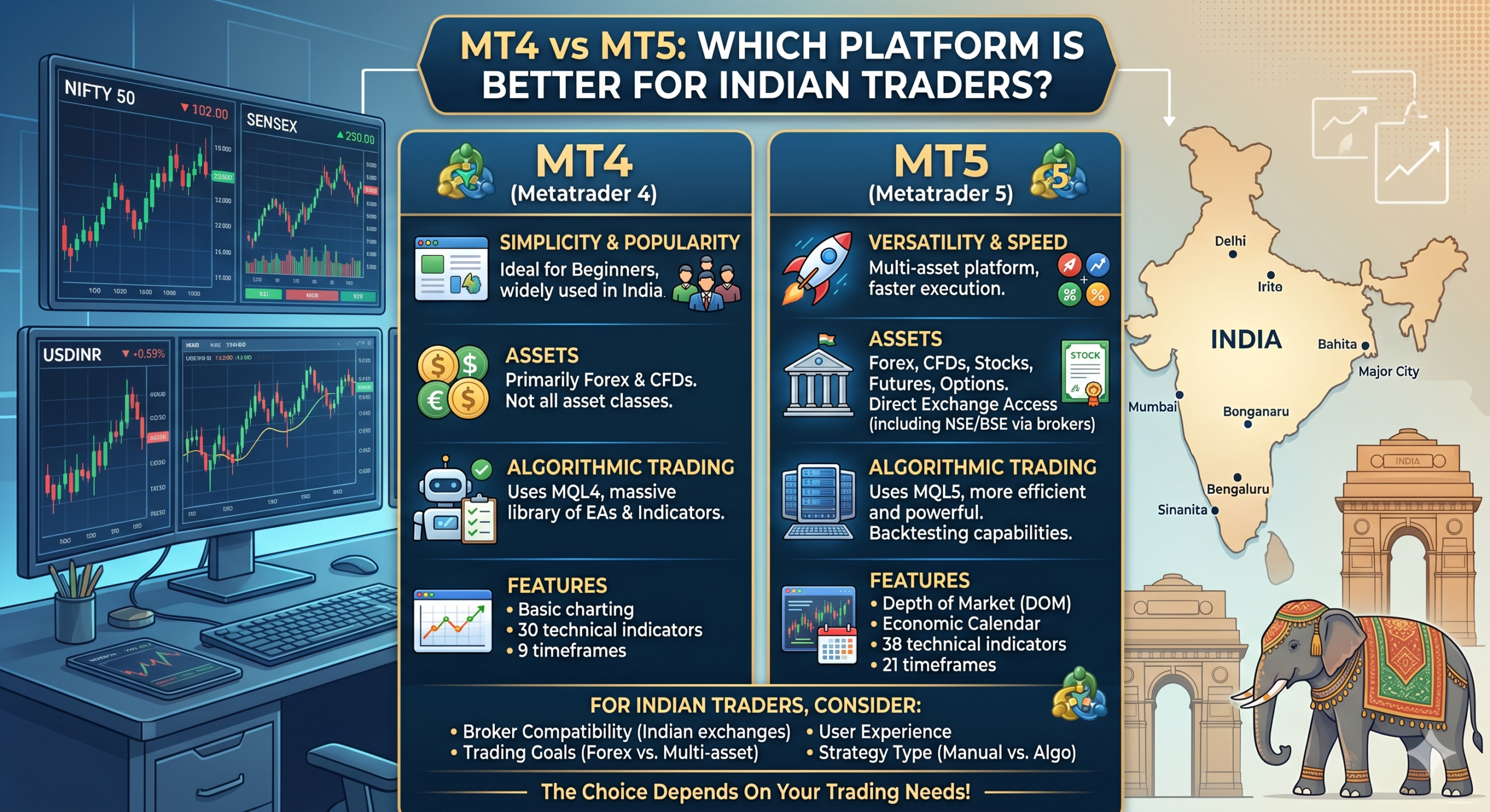 An infographic comparing MetaTrader 4 (MT4) and MetaTrader 5 (MT5) specifically for Indian traders. The image features a side-by-side comparison of features like simplicity, assets, algorithmic trading, and specific tools, along with a map of India and local market indices like NIFTY 50 and SENSEX.