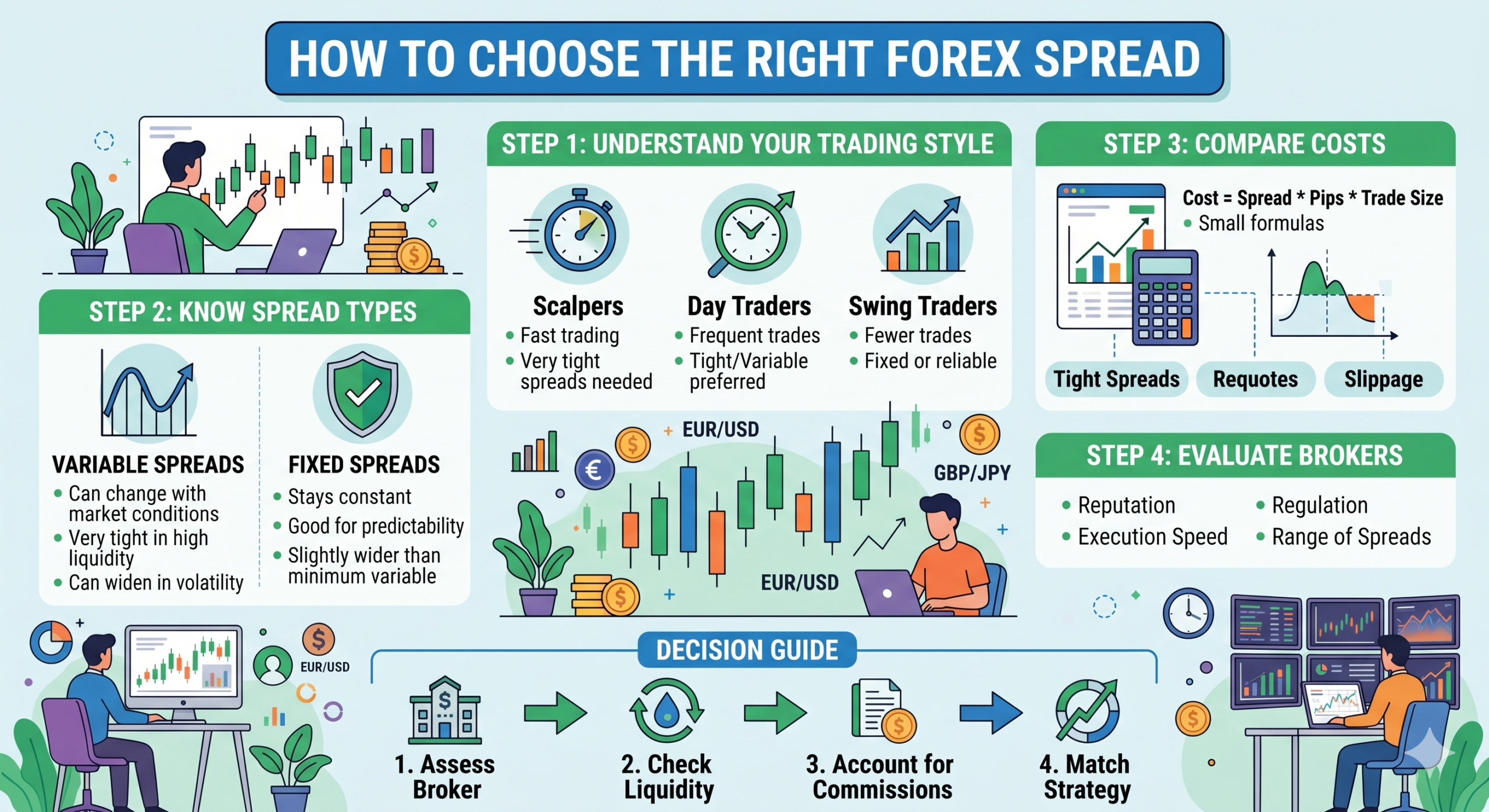 Infographic guide showing 4 steps to choose a Forex spread based on trading style and broker evaluation.