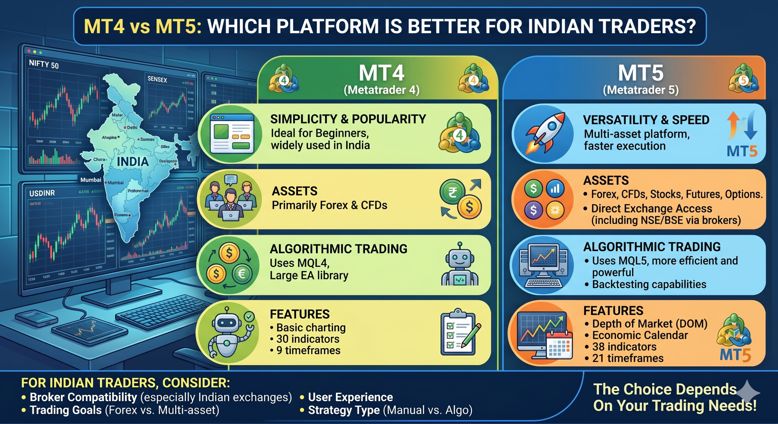 An infographic comparing MetaTrader 4 (MT4) and MetaTrader 5 (MT5) specifically for Indian traders. The image features a side-by-side comparison of features like simplicity, assets, algorithmic trading, and specific tools, along with a map of India and local market indices like NIFTY 50 and SENSEX.