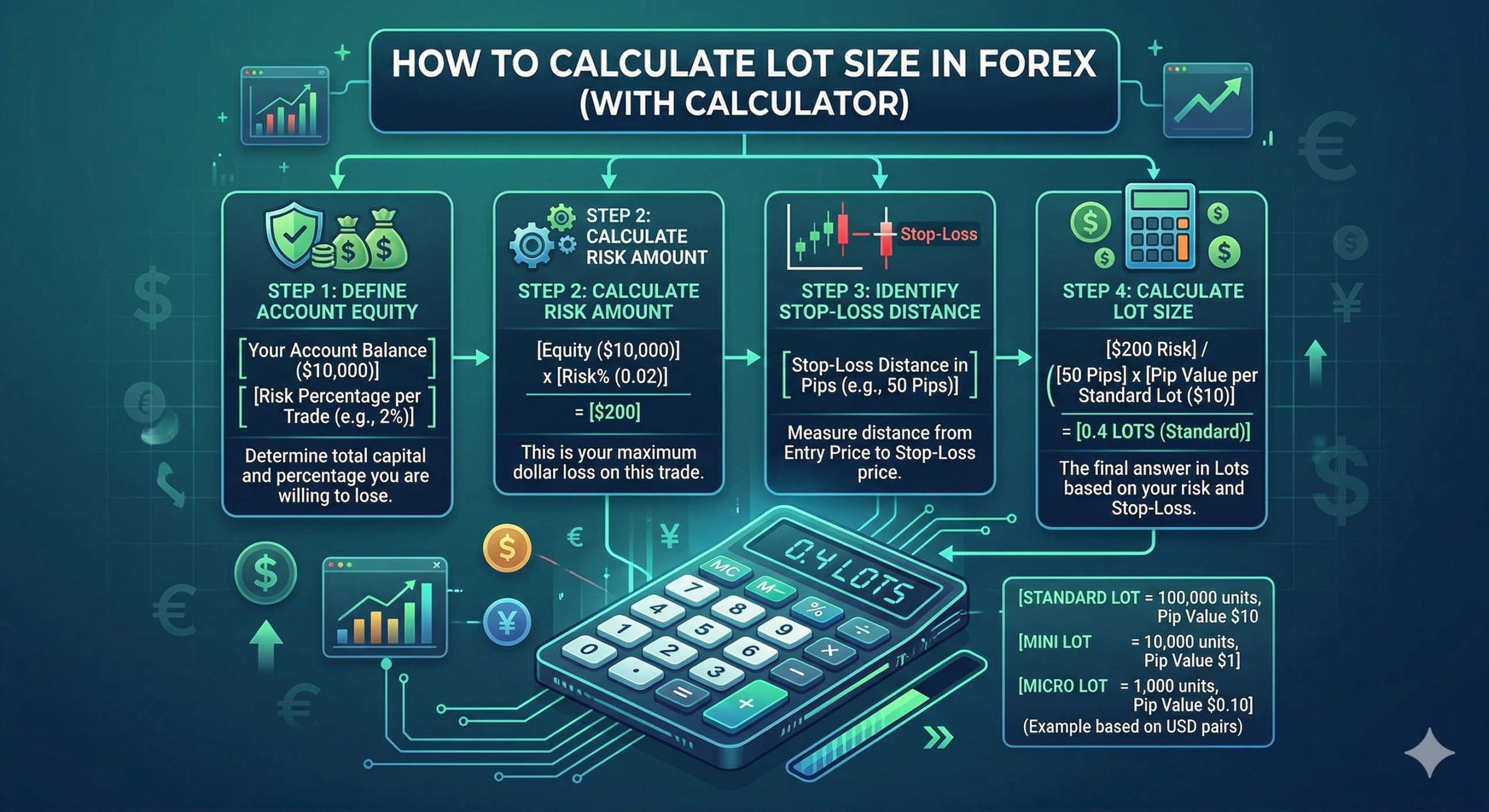 An educational infographic illustrating the four-step process for calculating Forex lot size, featuring a stylized digital calculator showing '0.4 LOTS'. The panels break down defining account equity ($10,000 example), calculating a $200 risk amount (2%), identifying a 50-pip stop-loss distance on a chart, and performing the final lot size calculation.