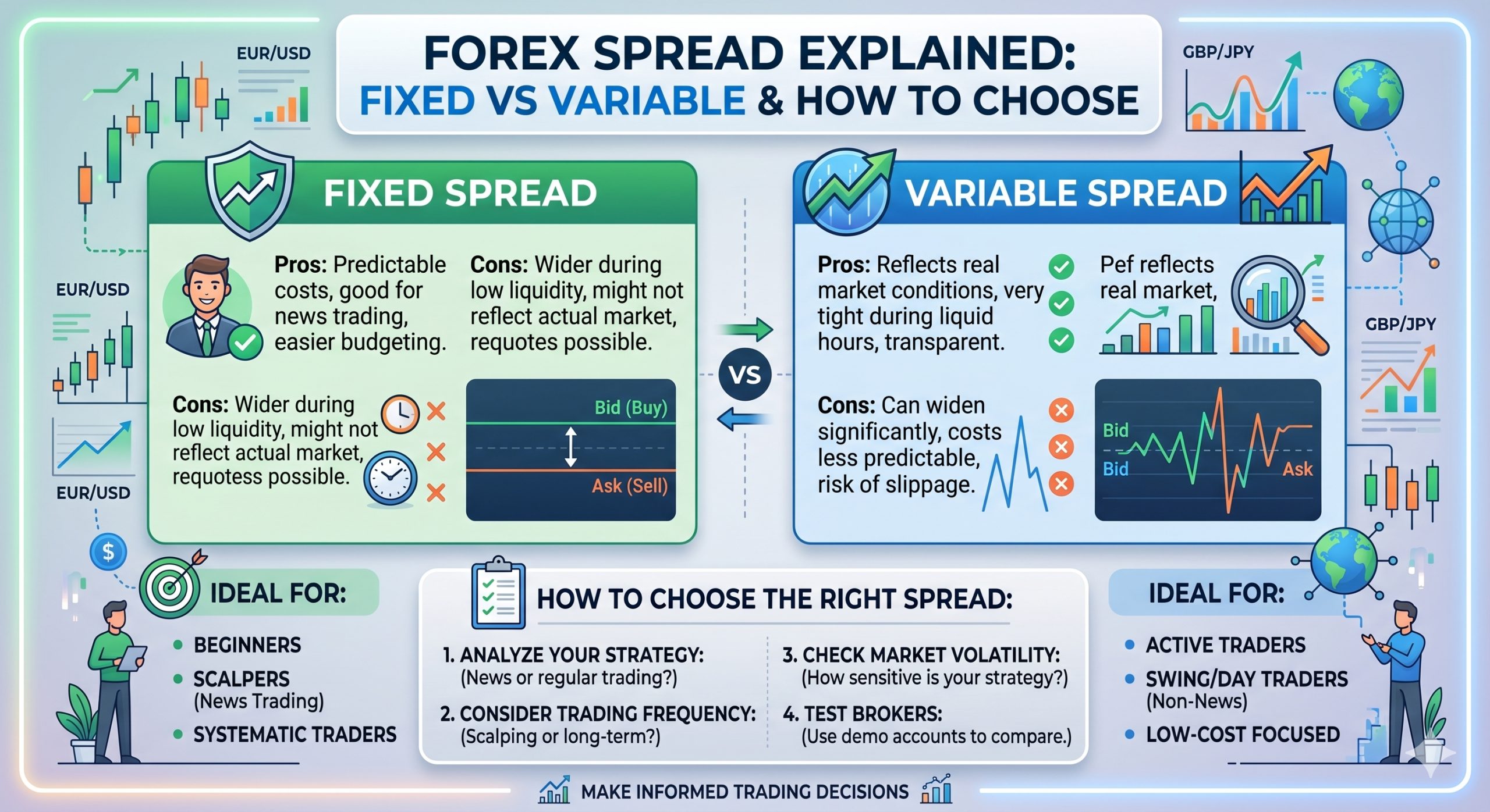 Infographic comparing Fixed vs. Variable Forex Spreads with pros, cons, and selection tips.