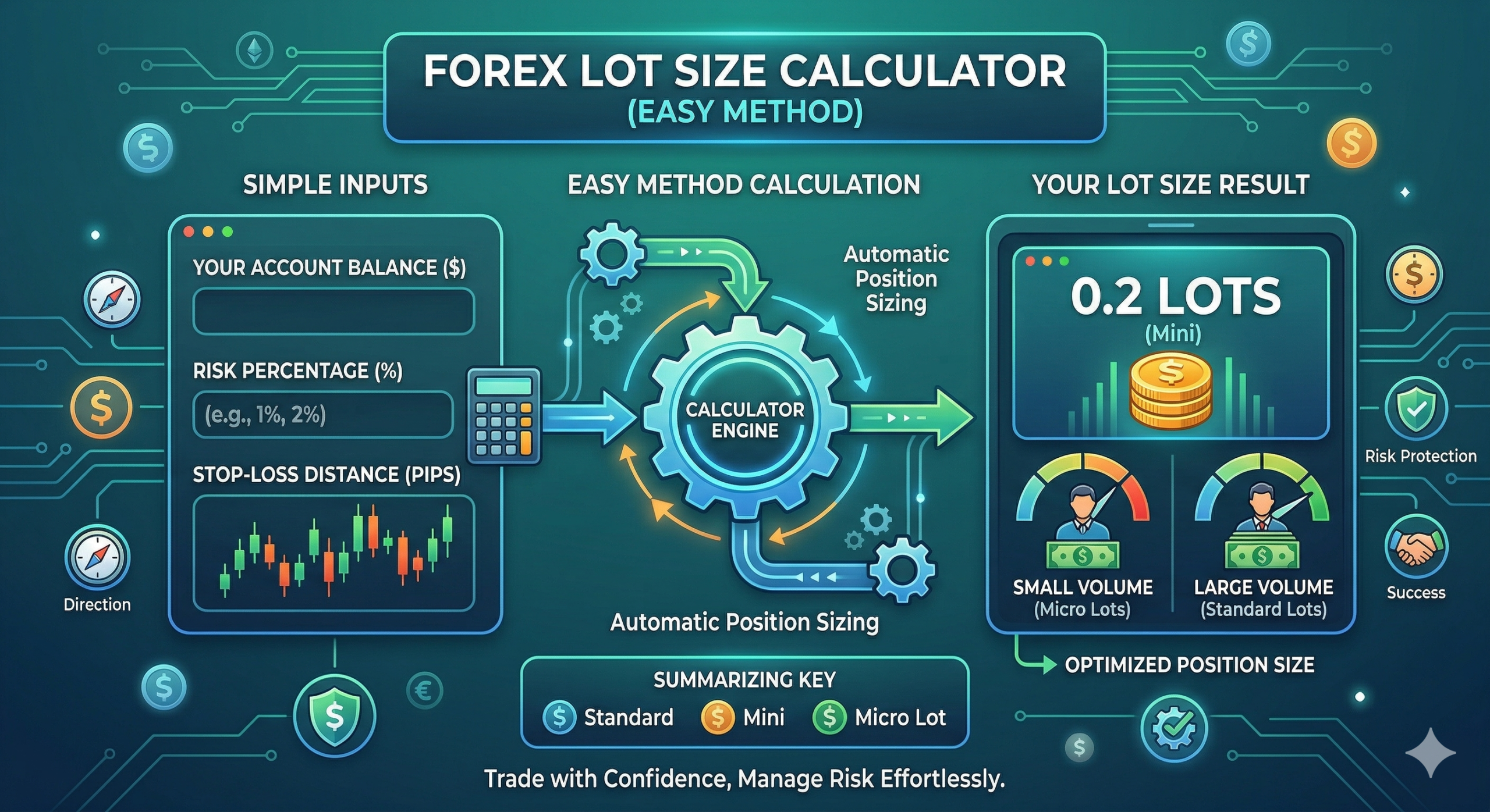 An educational infographic illustrating the simplified Forex position sizing process, titled "Forex Lot Size Calculator (Easy Method)". The diagram uses intuitive inputs: Account Balance ($), Risk Percentage (%), and Stop-Loss (Pips), connecting them via a stylized "Calculation Engine" to a result panel that highlights an optimized "0.2 LOTS (Mini)" position.
