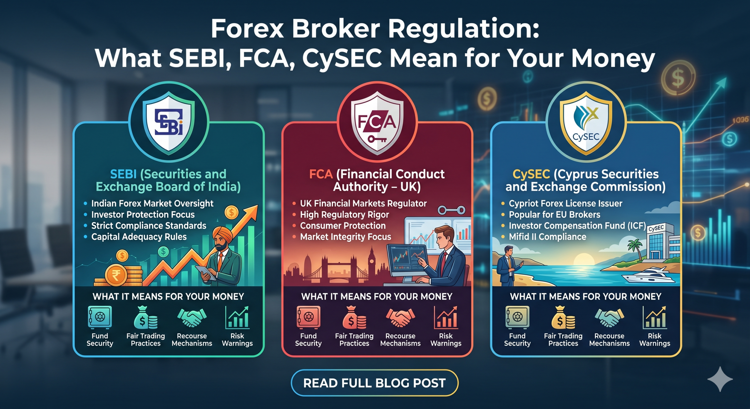Image Metadata: Forex Broker Regulation
Here are the details for the generated image, designed to enhance your blog post's SEO and accessibility.

Title
Navigating Forex Security: Understanding SEBI, FCA, and CySEC Regulations

Alt-Text
An informative infographic titled "Forex Broker Regulation," showcasing three distinct sections for SEBI (India), FCA (UK), and CySEC (Cyprus). Each section features the respective regulator's logo, a brief description of their role, and key benefits like fund security, fair trading practices, and risk warnings, set against a modern financial trading background.