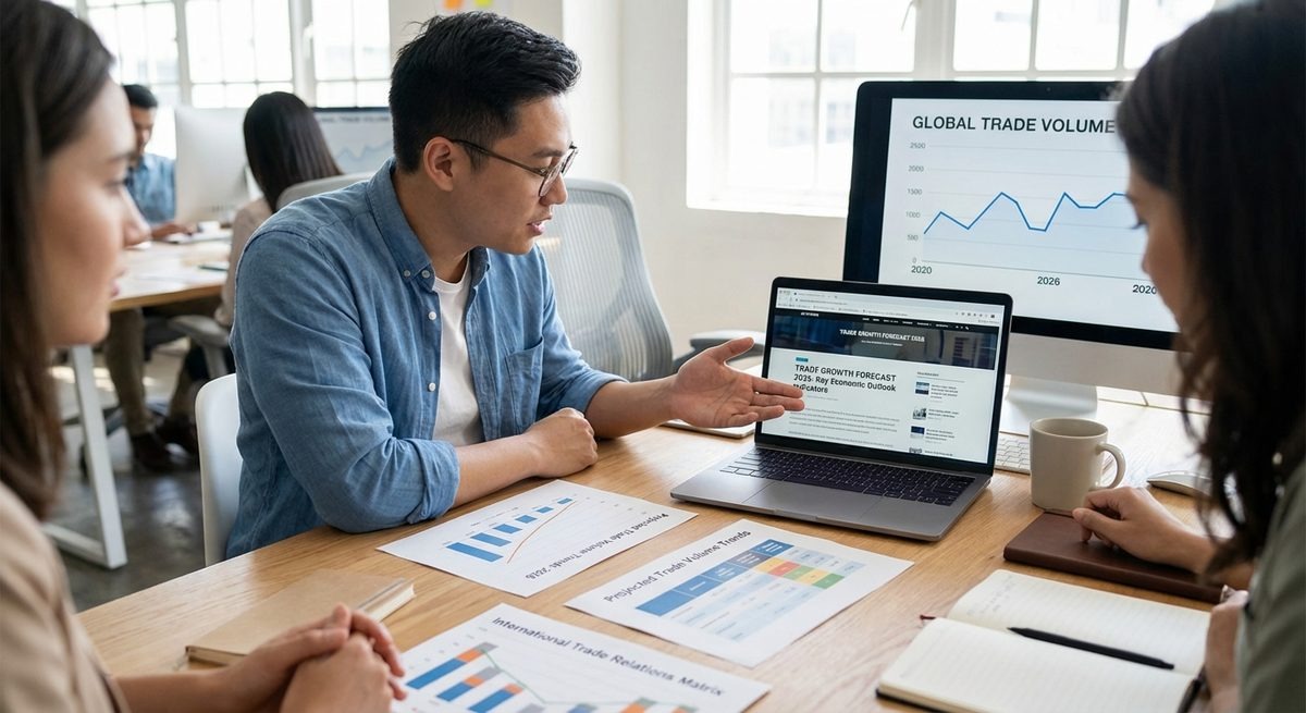Economic outlook 2026 analysis showing global trade trends and forecasts on digital screens in a business meeting – economic-outlook-2026
