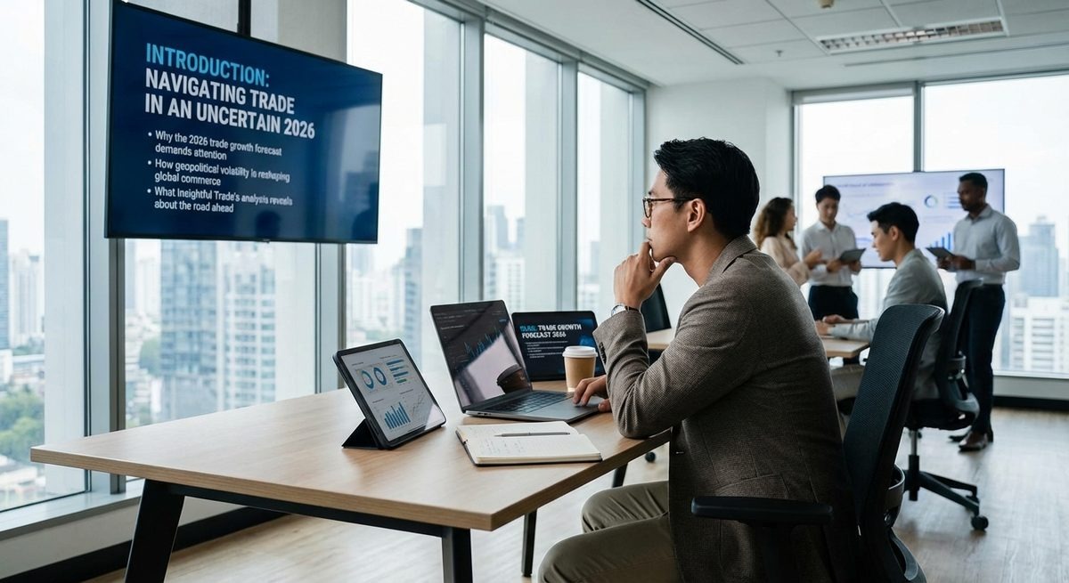 “Professional analyzing trade presentation on screen about navigating uncertainty and global trends, focusing on economic outlook 2026 in a modern office environment – economic-outlook-2026”