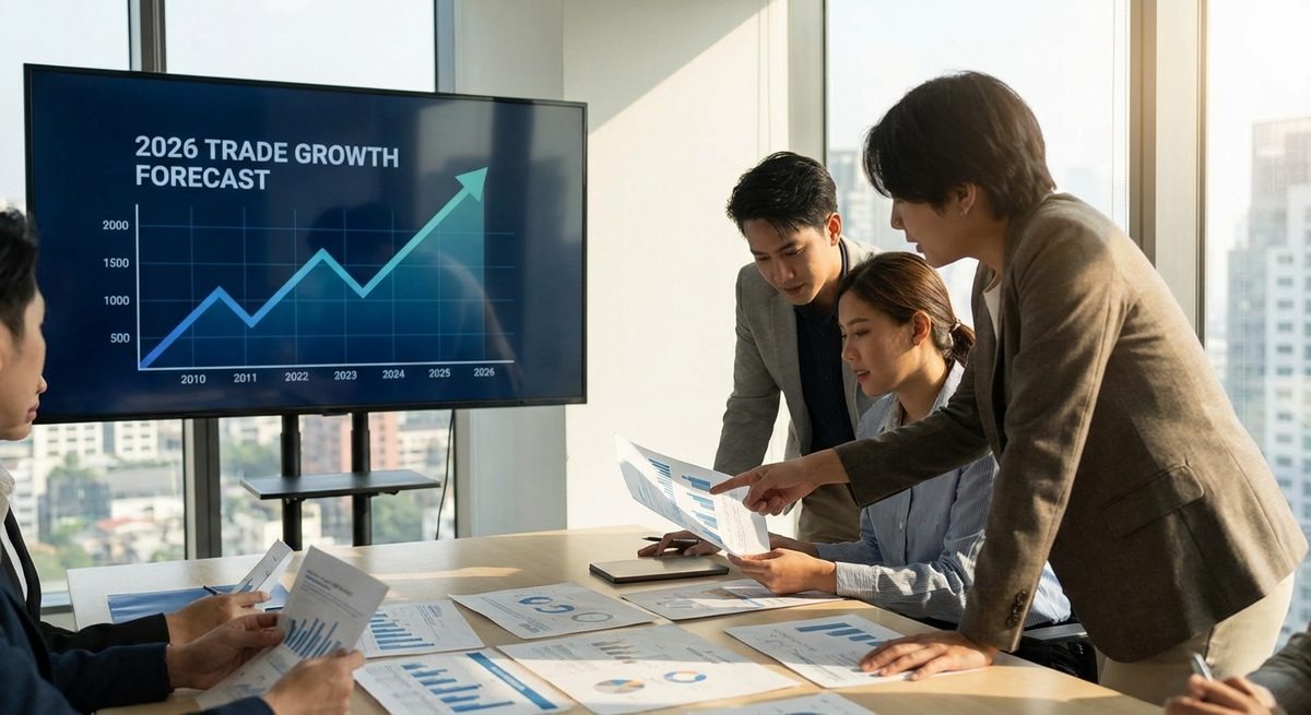 “Business team reviewing charts and discussing rising trade growth forecast on screen, analyzing trends for economic outlook 2026 in a meeting room – economic-outlook-2026”
