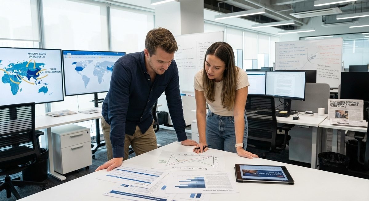 Economic outlook 2026 analysis with professionals reviewing global trade data, market trends, and regional forecasts in office – economic-outlook-2026