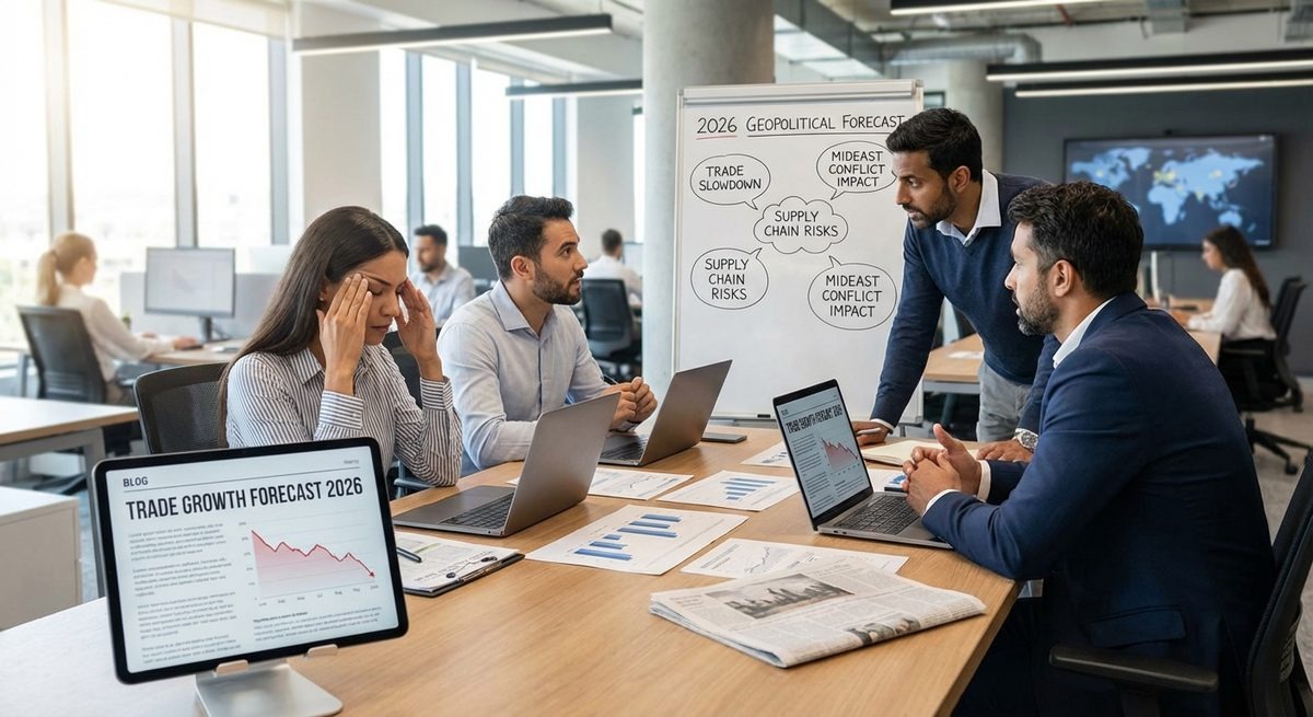 Economic outlook 2026 discussion with business team analyzing trade growth forecast, geopolitical risks, and supply chain disruptions in meeting – economic-outlook-2026