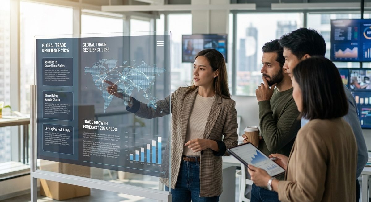 “Team analyzing global trade data on a digital screen, discussing trends and forecasts for economic outlook 2026 in a modern office setting – economic-outlook-2026”