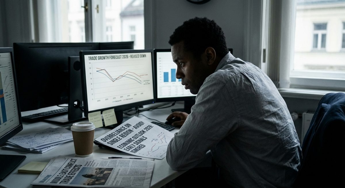 Economic Outlook 2026 analysis showing businessman reviewing declining trade growth forecast charts and financial reports at office desk