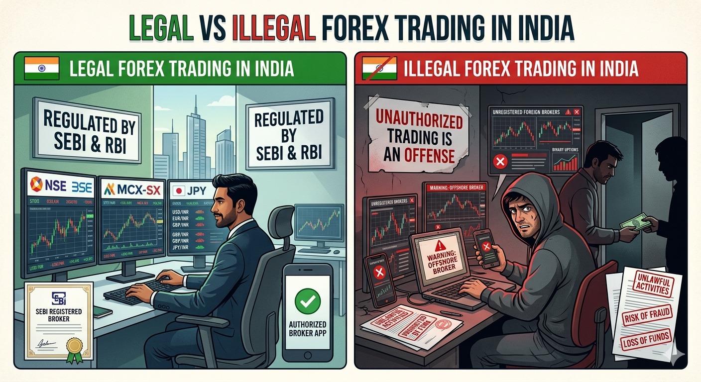 Infographic comparing forex trading legal in India vs illegal trading, showing Securities and Exchange Board of India and Reserve Bank of India regulated platforms versus unauthorized brokers and fraud risks.