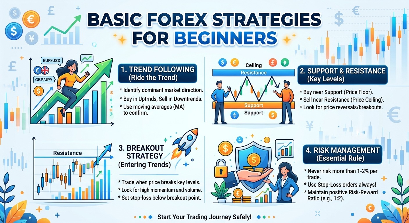 Forex trading for beginners in India showing basic strategies like trend following, support and resistance, breakout trading, and risk management