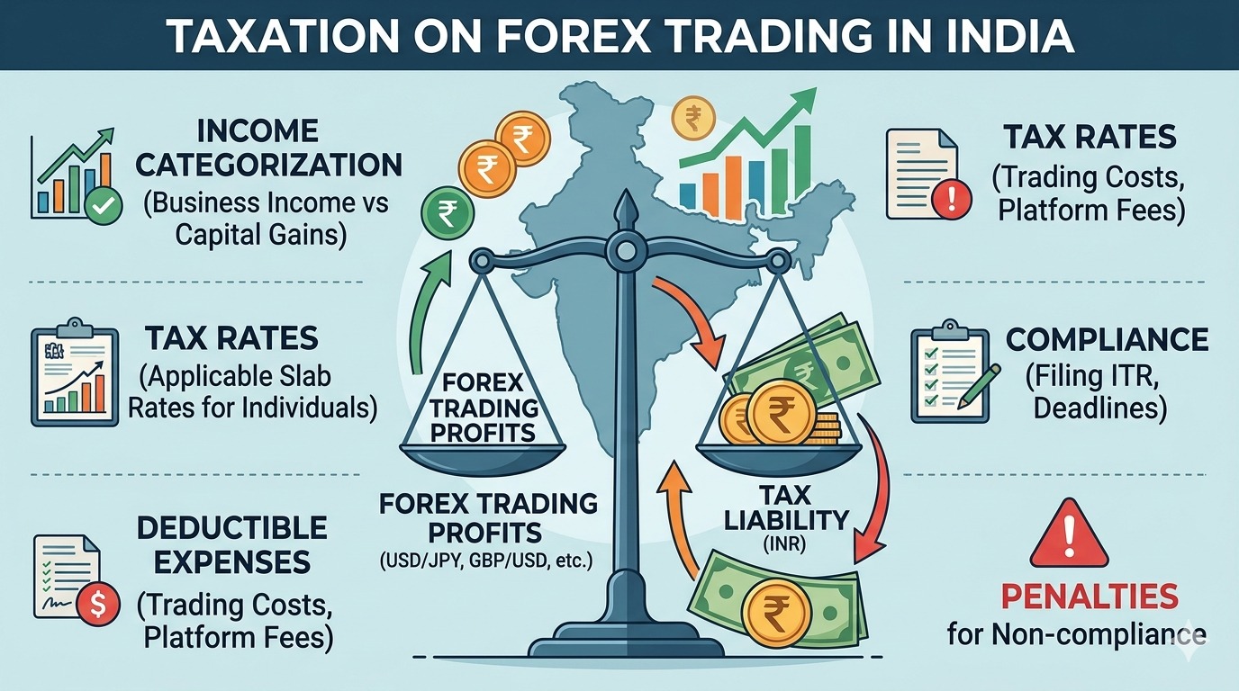 Forex trading for beginners in India showing taxation rules, income classification, tax rates, compliance, and penalties on forex profits