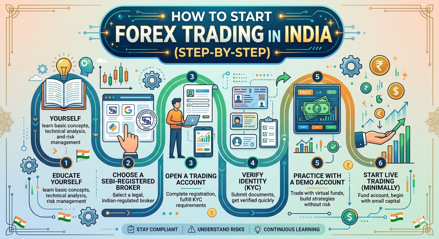 Forex trading for beginners in India step-by-step guide showing how to start with SEBI registered broker, KYC, demo account, and live trading 